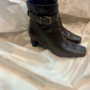 Chic MARKON Dark Brown Leather Heeled Boots with Buckle Detail Size 6.5